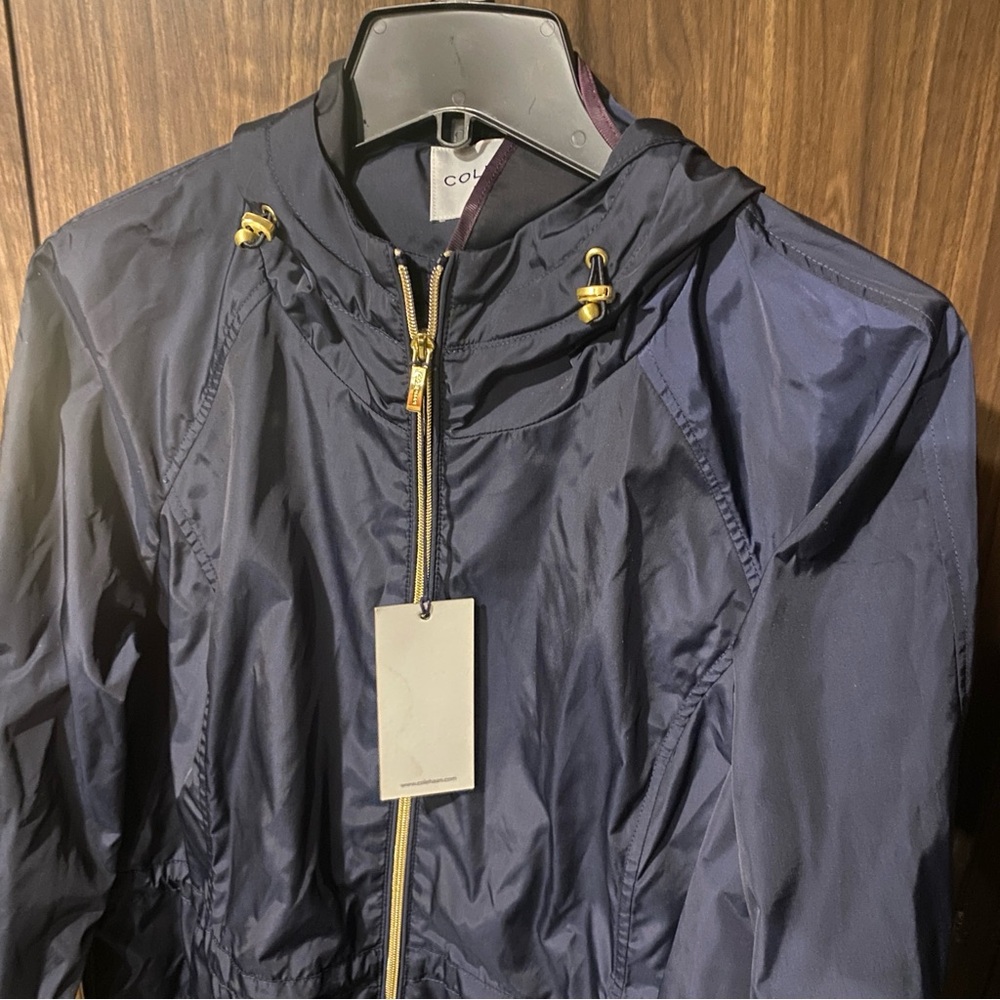 Cole Haan Navy blue hooded rain windbreaker jacket New cinched XL packable - Picture 6 of 10